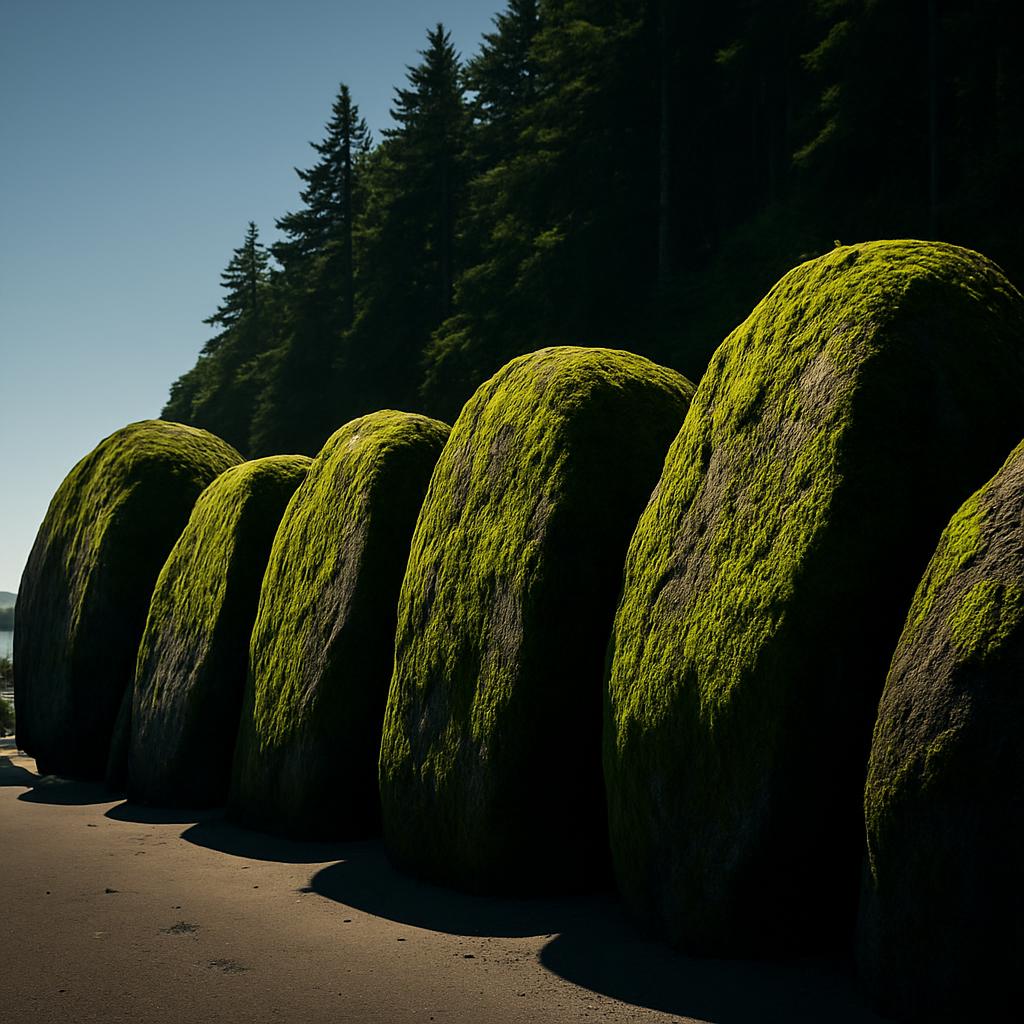 A row of boulders, bigger than humans, covered in green moss. behind stands a backdrop of trees, and blue sky above the li...