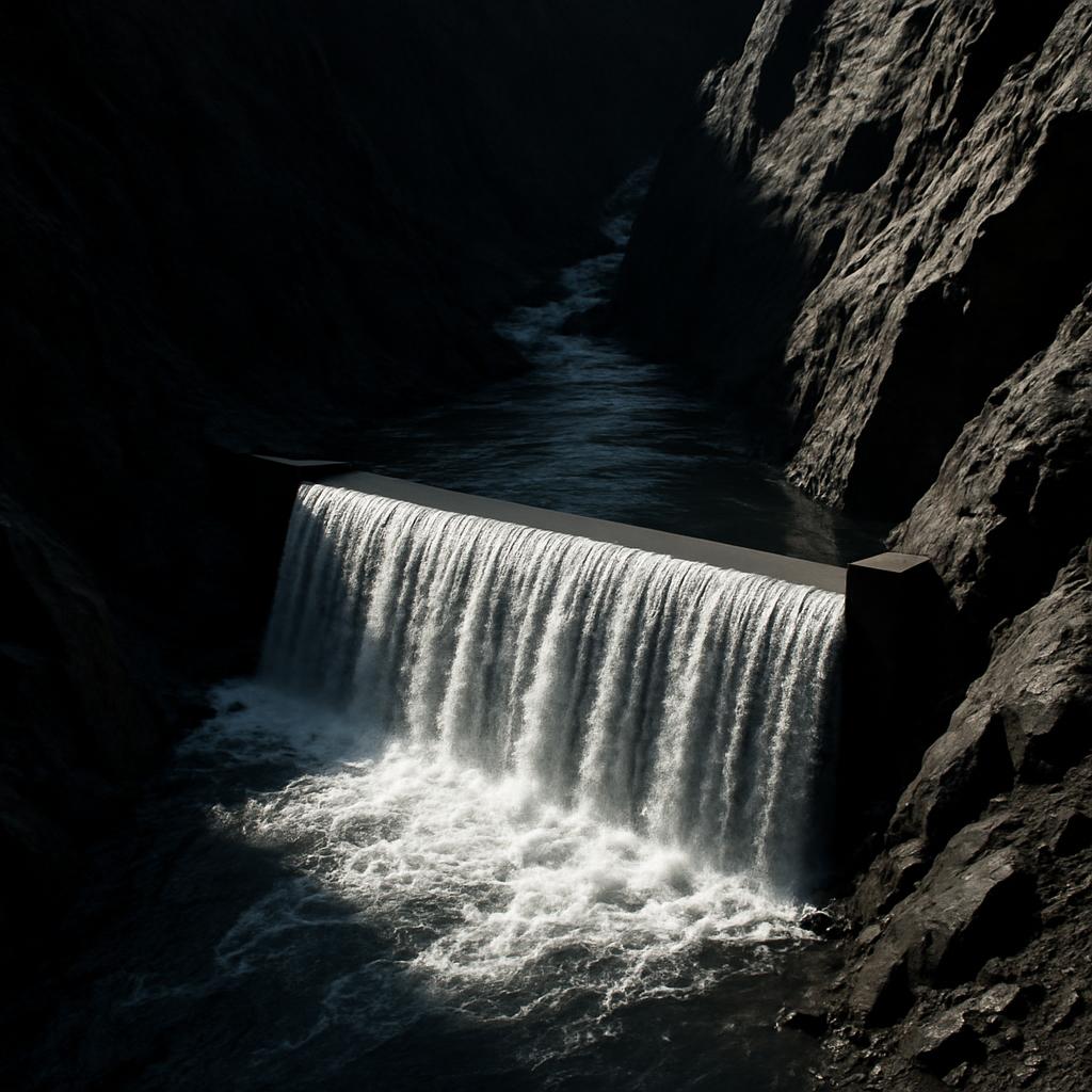 A waterfall cascades down a rocky cliff into a darker cave-like formation of water.