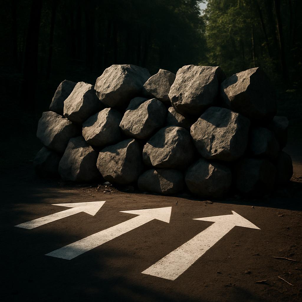 Large rocks, piled into a roughly rectangular mound in the center of the road. There are three white arrows pointing acros...