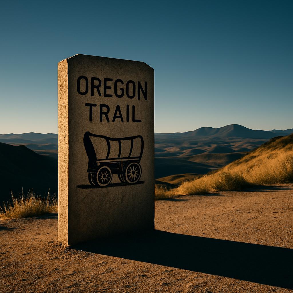 A stone marker in a desert landscape, featuring the text "OREGON TRAIL" and a covered wagon icon.