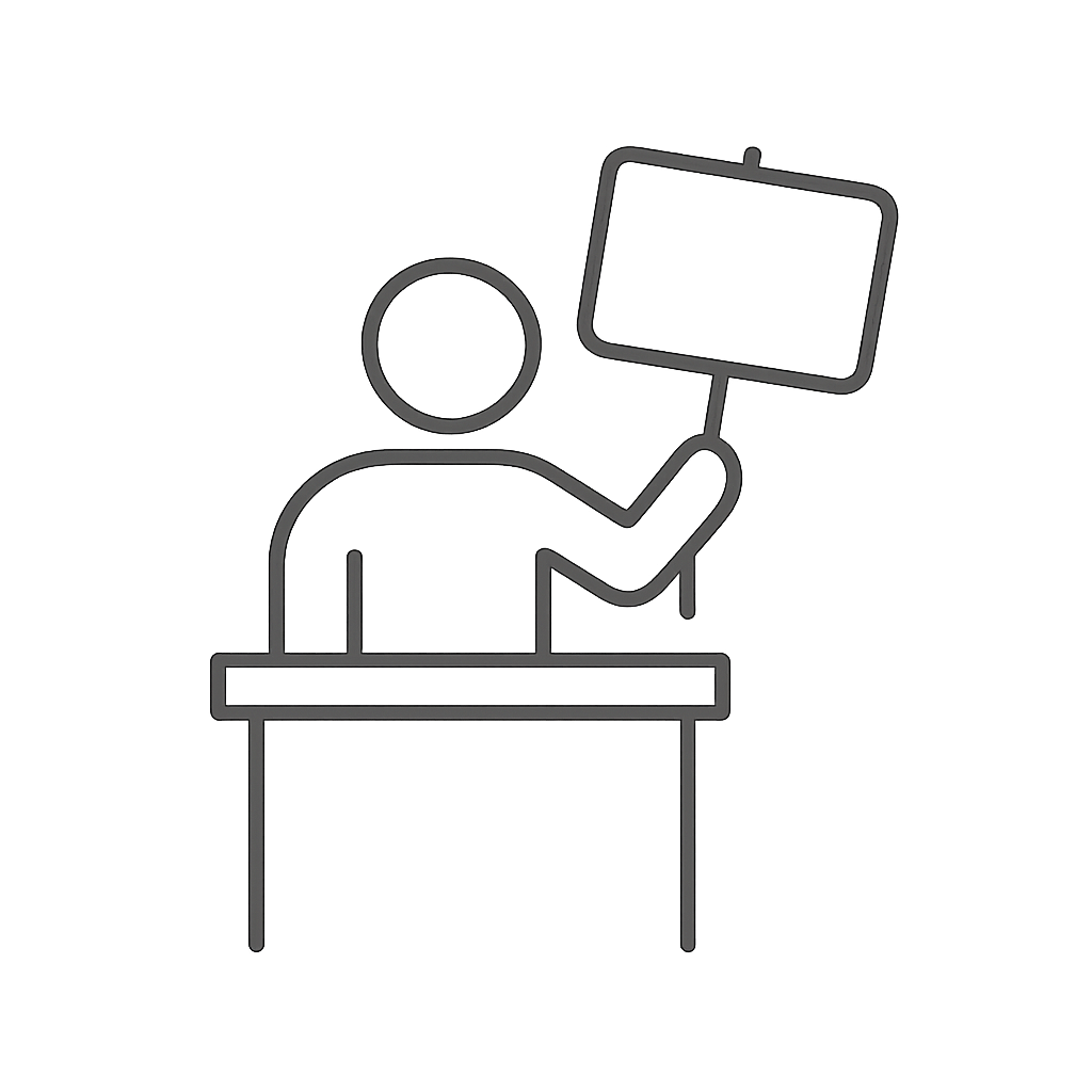 A simple line drawing of a figure standing at a podium, with a rectangular sign held up in their left hand. The figure is ...